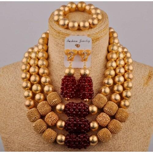 African Jewelry Sets Dubai Gold Color Nigerian Jewelry Sets Wine Crystal Bead Bridal Wedding Jewelry Set Women Costume