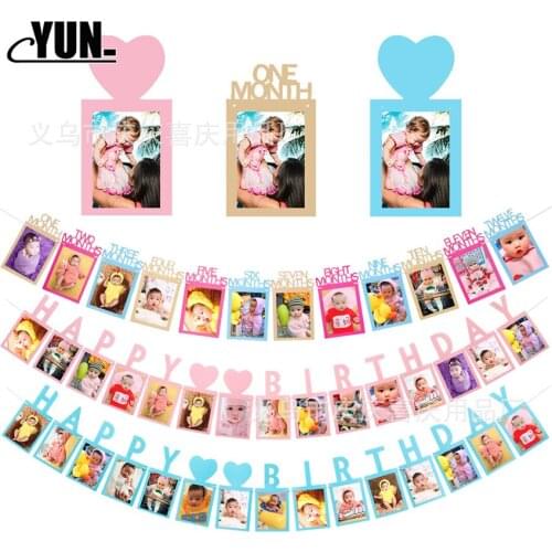 Gold Pink 12 Months Photo Frame Banner First Birthday Decorations 1st Baby Boy Girl My 1 One Year Party Supplies 8DCY1011