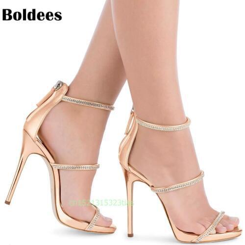 Boldees Concise champagne Golden Crystal Gladiator Women Sandals High Heels Sexy Rhinestone Women Heel Sandals Summer Shoes