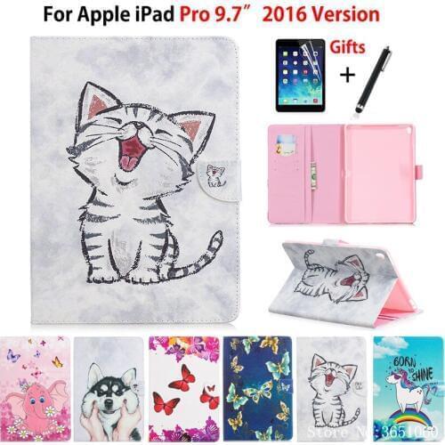 Case For Apple iPad Pro 9.7 inch 2016 Release Cover A1673 A1674 A1675 PU Leather Butterfly Cat Painted Funda Shell +Stylus+film