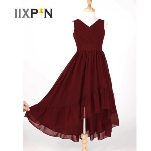 Kids Dress for Girls Summer Dresses V Neck Ruffle High-low Chiffon Prom Princess Vestidos Pageant Wedding Flower Girl Dresses