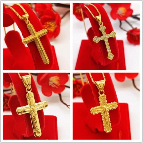 Classic Crucifix Cross Pendant Chain With Tiny Zircon Yellow Gold Filled Women Men Jewelry Gift