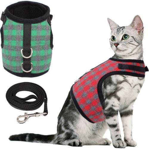 Plaid Adjustable Cat Harness with Leash Set for Walking Escape Proof Soft Air Mesh for Kitty Puppy Rabbits Small Dogs Animal