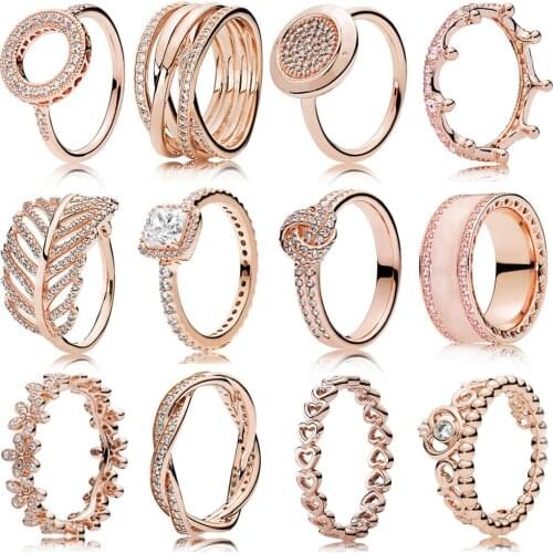 New S925 Sterling Silver Rose Gold Round Crown Heart Shaped Clover Ring Original High Quality 1:1 Fashion Jewelry DIY