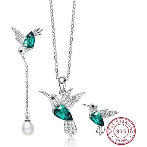 S925 Silver Fine Jewelry Sets Green Crystals Hummingbird Necklace Drop Earrings For Women Wedding Party