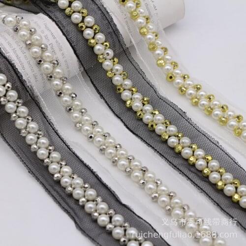6Yards Pearl Hand Hook Net Lace Fabric Beaded Ribbons Trim Tape DIY Sewing Clothing Headdress Materials