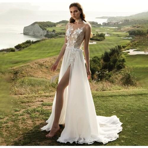 Boho Lace Apliques Wedding Dresses High Slit 3D Flower Sexy Beach Chiffon A-Line Bridal Gowns vestido de novia