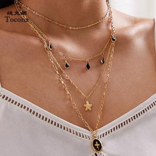 Tocona Charming Water Drop Rhinestone Cross Pendnt Necklace for Women Trendy Starfish Chain Choker Jewelry Accessories 10165