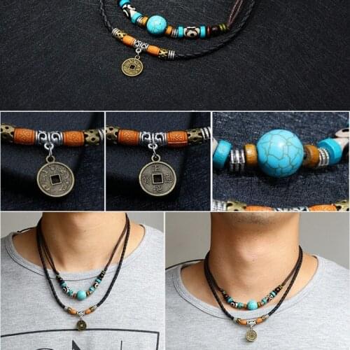 Double Leather Rope Necklace Vintage Necklace Ancient Tribal Men Hemp Leather Bead Necklace Charm Wax Rope Jewelry Gifts