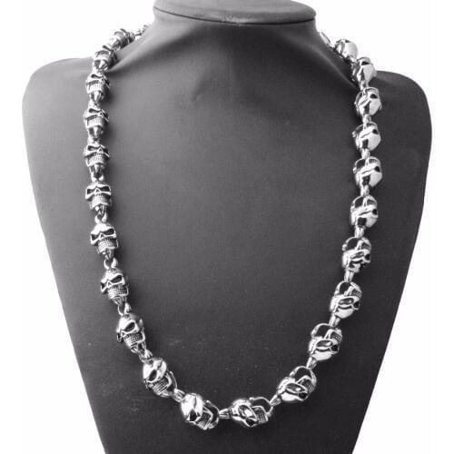 15mm 28" Size Mens Hiphop Necklace Christmas Gift Heavy Cool Stainless Steel Silver Color Skeleton Skull Head Biker Jewelry