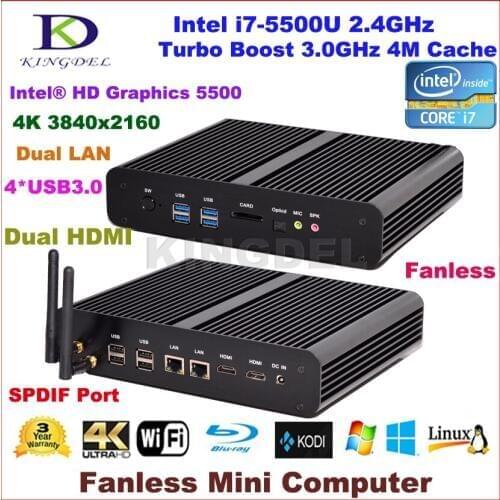 Intel 5th Gen. i7 CPU HTPC, Fanless Mini PC, 8GB RAM, 60GB SSD+500GB HDD, 4K 3840*2160, 2*Gigabit LAN+2*HDMI+SPDIF, Windows 10