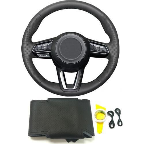 Black genuine leather DIY hand-stitched braided steering wheel cover for Mazda CX-3 CX3 CX-5 CX5 2017 2018 car accessories cover