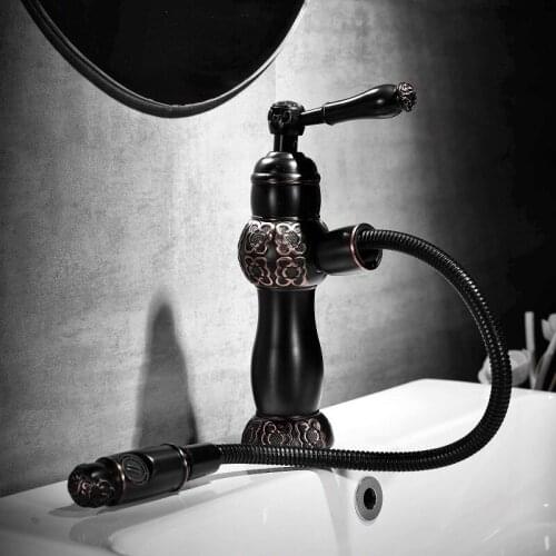 Basin Faucets Carved Bathroom Faucet Black Oil Brass Sink Tap Pull Out Water Mixer Facuet Basin Mixer Single Handle Bronze