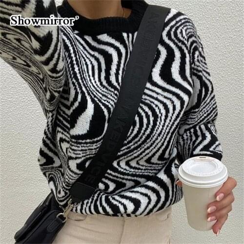 Showmirror Swirl Knitted Sweaters for Women Fashion Long Sleeve Ladies Top Round Neck Pullover Sweater Streetwear Fall Winter