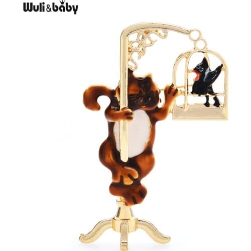 Wuli&baby Enamel Naughty Cat Brooches For Women Men 2-color Funny Catching Bird Fat Cat Pet Animal Brooch Pins Gifts