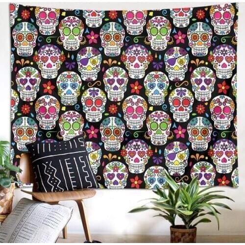 Sugar Skull Day of The Dead Theme Hippie Bohemian Skulls with Flowers Funny Mexican Wall Tapestry Home Decor