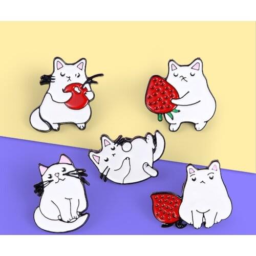 Fun Cute Cat Strawberry Cherry White cat Badge Animal Enamel Brooch pins Backpack Hats Clothes For Kids Spille Accessories