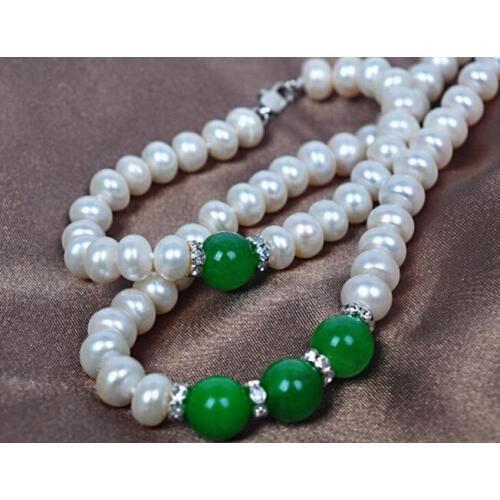 Womens Wedding charm Jew.657 A set 7-8mm freshwater cultured white pearl necklace bracelets +8mm gem real Ms.-jewelry