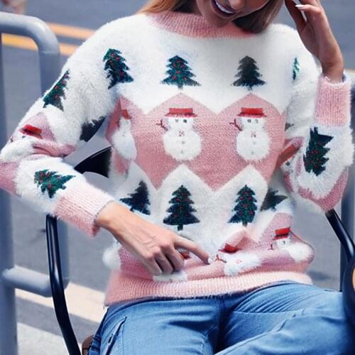 Women Xmas Tree Snowman Long Sleeve Knitted Sweater Loose Pullover Holiday Top