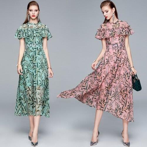 2021 Runway Womens Ruffles Short Sleeve Summer Maxi Chiffon Fashion Forest Leaves Print Holiday Green Pink Dresses Have Lining