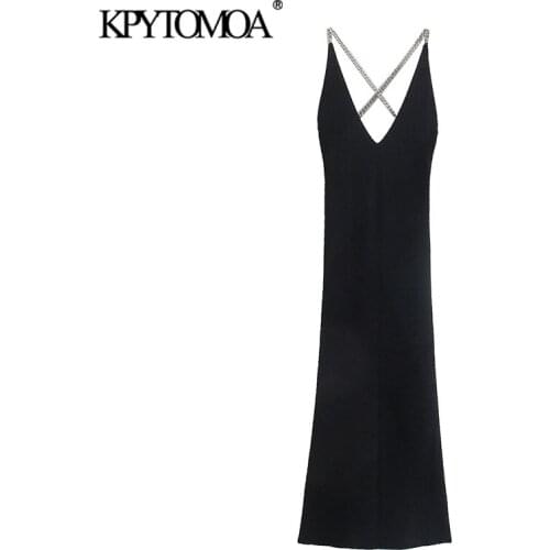 KPYTOMOA Women 2021 Fashion With Chains Fitted Party Knit Midi Dress Vintage Backless Cross Straps Female Dresses Vestido Mujer