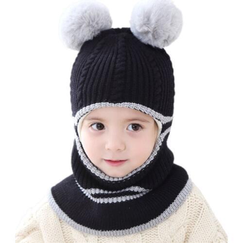 Winter Childrens Pompom Hat Baby Knitted Hats Scarf Lovely Boys Girls Warm Plus Velvet Hat Scarf Outdoor Windproof For Kids