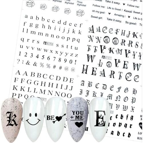 12 Design black white Symbolic Nail Art Sticker Water Decals English Letter Number Nails Slider Words Character nail accessories