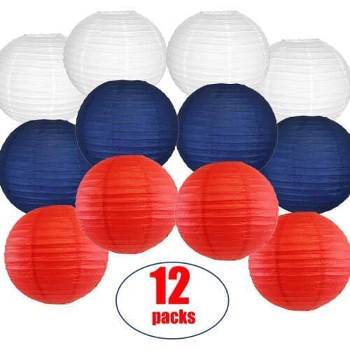12 Pcs/Set White Red Navy Blue Chinese Paper Lantern 4th of July Patriotic Decor Wedding Birthday Baby Shower 12 Inch (30cm)