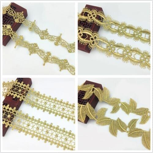 3 Yards/Lot Gold Embroidered Lace Guipure Appliqued Motif Flowers 3D Chemical Lace Eyelet Flowers Sewing Apparel Trims 3.5-11cm