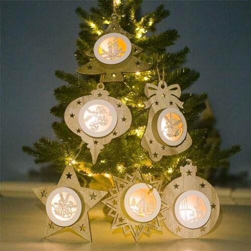6 Pcs Wooden Led Light Christmas Tree Hanging Pendant Christmas Decorations Light for Kids' Room Xmas Party New Year Ornaments
