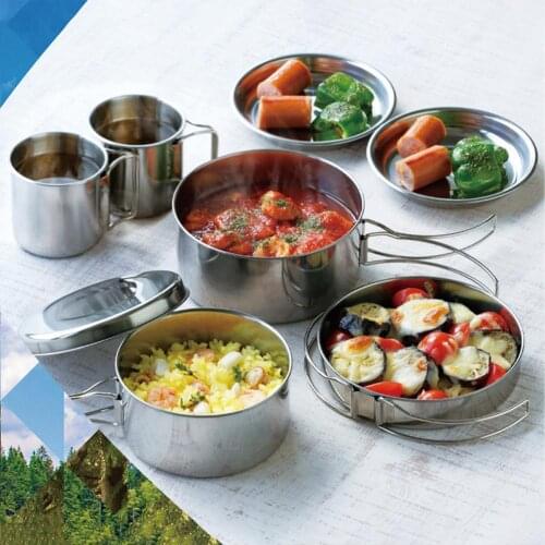 8pcs Stainless Steel Camping Cookware Outdoor Picnic Pot Pan Kit Camping Hiking Mini Cookware Bowl Cup Cover Cooking Set
