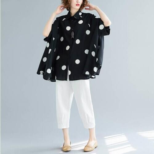 OverSized Polka Dot Chiffon Shirt Blouse Women Summer 2021 Casual Korean Batwing Sleeve Womens Tops and Blouses White Shirt