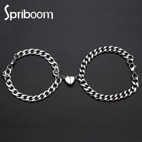 2Pcs/set Couple Bracelets for Women Men Stainless Steel Heart Shaped Magnet Attraction Bracelet Cuban Chain Charm Jewelry Gift