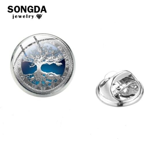 SONGDA Exquisite Tree of Life Stainless Steel Pin Handcraft Glass Gem Art Picture Lapel Pins Banquet Weddings Women Accessories