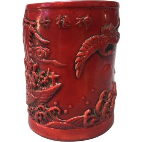 China old Beijing old goods Red coral carving Character pattern pen holder