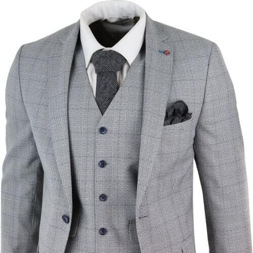 Classic Grey Plaid Mens Suits 3 Piece Suit Wedding Grrom Best Man Tailored Fit Blazer Waistcoat Trousers Jacket