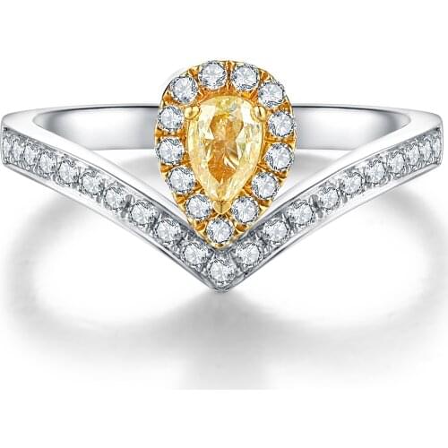 100% 18K Gold, Yellow Diamonds and White Diamonds Ring, Special Shaped Fancy Color Diamond Womens Ring, Main Stone 0.3ct