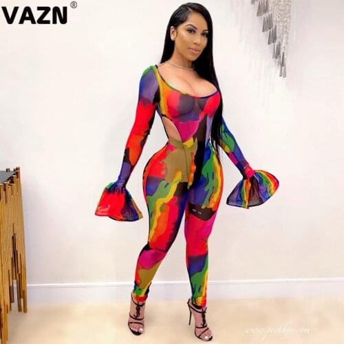 VAZN 2020 New Geometric Elements Print Sexy Two Piece Set O-neck Casual 2 Piece Set Women Full Sleeve Top And Pant Summer Sets