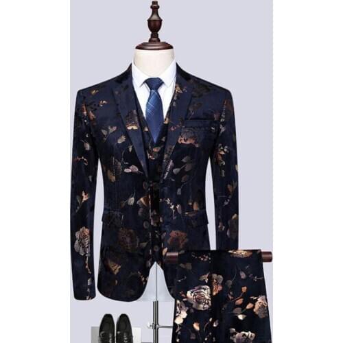 Korean Version Slim Suit Three-piece Suit Blazer Vest Trousers Set Retro Printing Mens Stage Host Costume