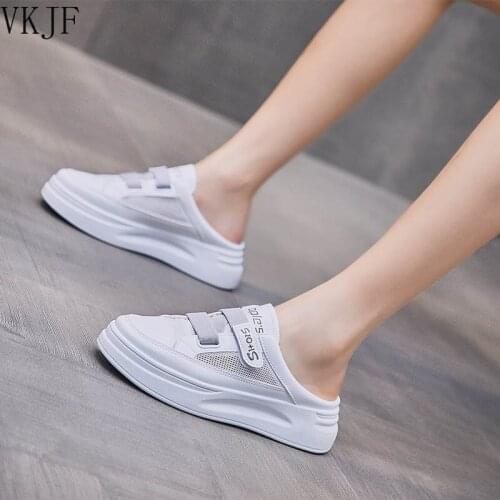 2021 Womens Mesh Shoes Summer Fashion Flat Half Slides Outdoor Slip on Casual Sneakers Woman Leisure Vulcanized Shoes