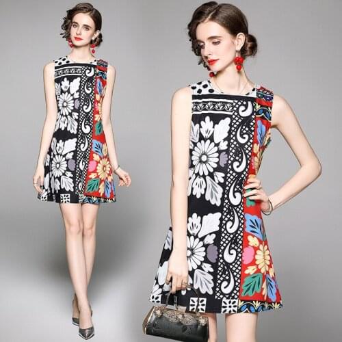 Summer Womens Fashion round Neck Waist Trimming Slimming High-End Printed Sleeveless Vest Dress