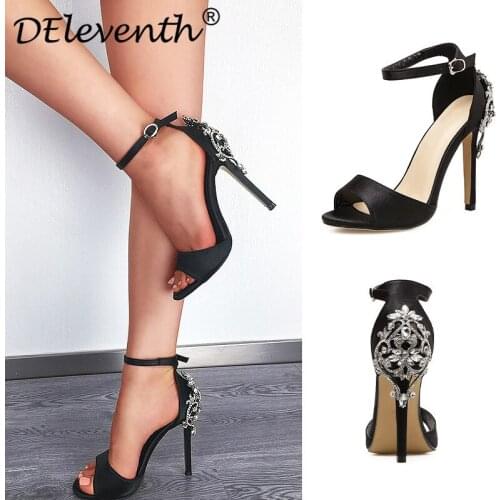 Summer Women Sandals Narrow Band Vintage Thin High Heels Round Toe Silk 11.5CM Buckle Strap Rhinestones women shoes size 35-42