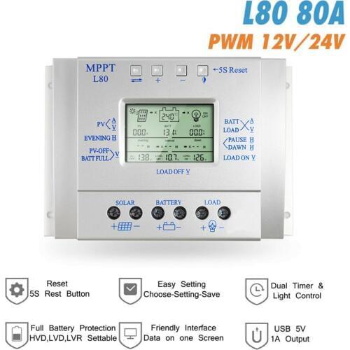 MPPT 60A 80A Solar Charge Controller 12V 24V Regulador Solar for Max 48V Input Solar Photovoltaic System Charging USB 5V Output