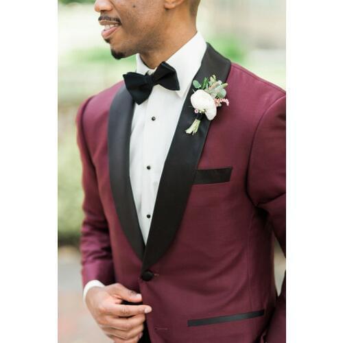 Two Buttons Burgundy Mens Slim Fit Suits Black Shawl Collar Groom Tuxedos Groomsmen Mens Wedding Suits(Jacket+Pants+Tie)