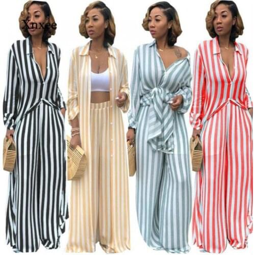 2021 Spring and Autumn Womens New Casual Vertical Stripes Printed Loose Shirt and Long Wide-Leg Pants