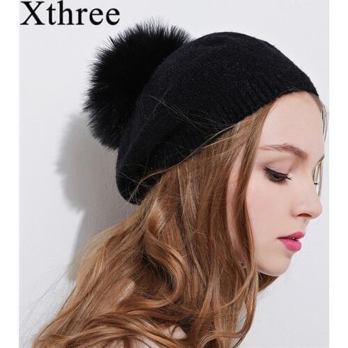 Xthree New winter hat for women spring wool knitted hat beret hat with Ostrich fur pom pom girl solid fashion cap