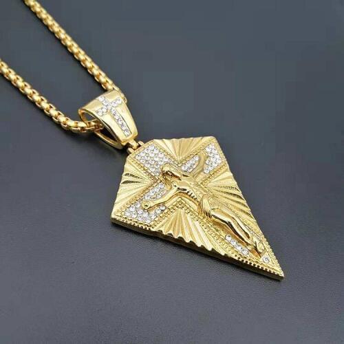 Hip hop Jesus Christ Cross Pendant Necklace with zircon for Men Gold Color Stainless Steel Crucifix Necklaces Christian Jewelry