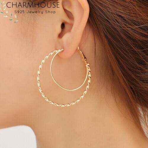 Charmhouse Hoop Earrings For Women 18K Gold Color Double Circles Twisted Earing Brincos Fashion Jewelry Accessories Bijoux
