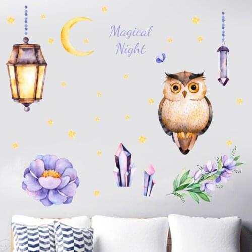 Cute Owl Gold Moon Stars Wallpaper Blooming Purple Flowers Stickers Cartoon Kids Bedroom Decorative Wall Mural