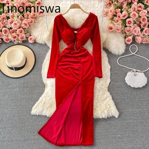 Tinomiswa Elegant Party Dress Women Slim Fit V Neck Gold Velvet Split Design Bodycon Dresses Solid Color New Arrival Robe Femme